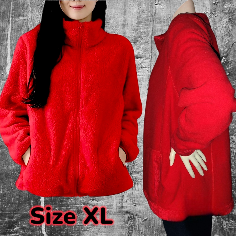 Women's Ultra Soft Fleece Cherry Red Jacket w Plush Fur Lining & Trim Size XL